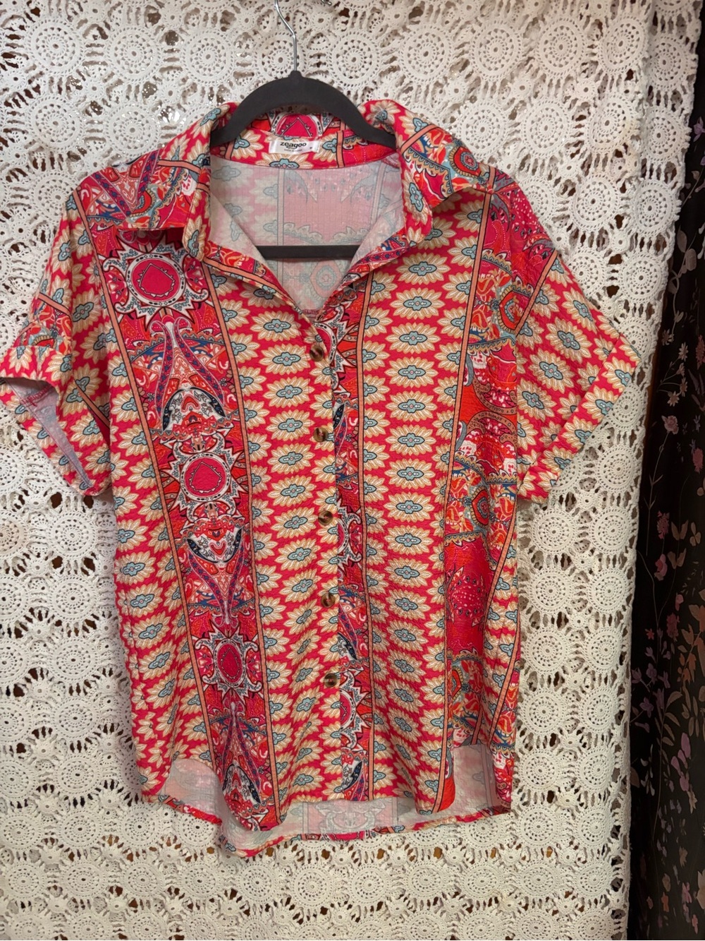 zeagoo Red Patterned Short Sleeve Button Down Shirt